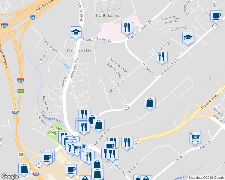 map of restaurants, bars, coffee shops, grocery stores, and more near 8911 Lennings Lane in Rosedale