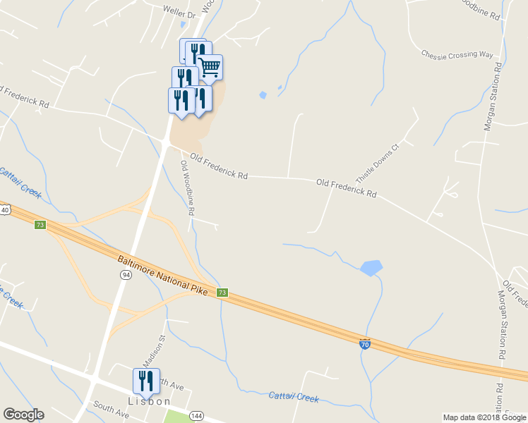 map of restaurants, bars, coffee shops, grocery stores, and more near 15765 Old Frederick Road in Woodbine