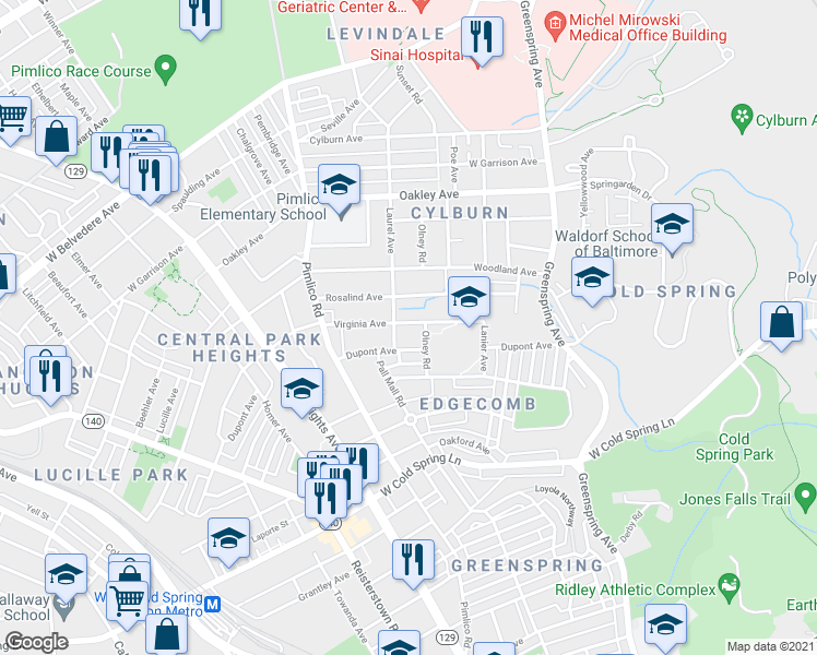 map of restaurants, bars, coffee shops, grocery stores, and more near 2919 Virginia Avenue in Baltimore