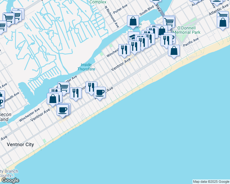 map of restaurants, bars, coffee shops, grocery stores, and more near 101 South Plaza Place in Atlantic City