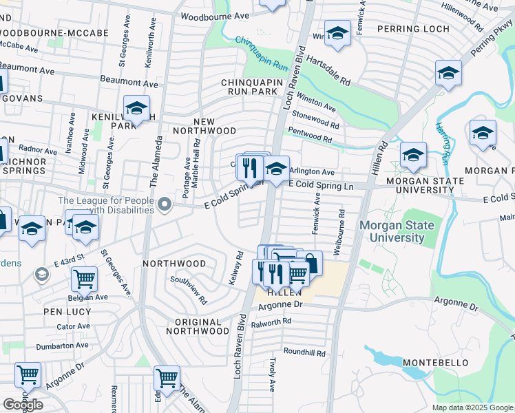 map of restaurants, bars, coffee shops, grocery stores, and more near 1427 Northgate Road in Baltimore