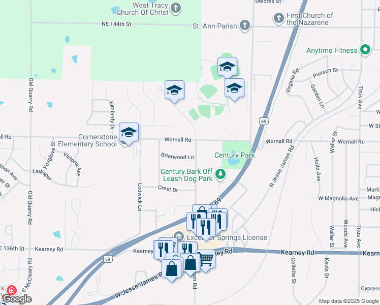 map of restaurants, bars, coffee shops, grocery stores, and more near 1700 Briarwood Lane in Excelsior Springs