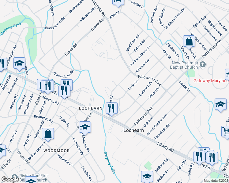map of restaurants, bars, coffee shops, grocery stores, and more near 3645 Campfield Road in Baltimore