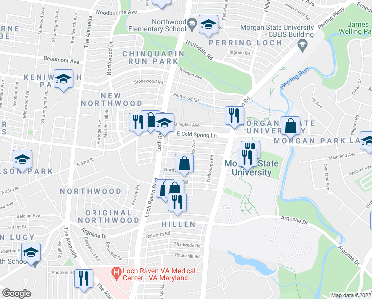 map of restaurants, bars, coffee shops, grocery stores, and more near 1537 Northgate Road in Baltimore