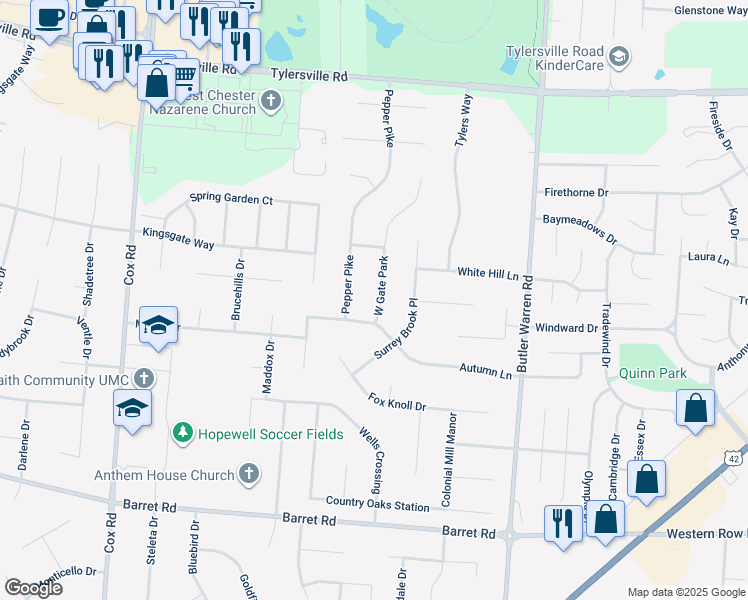 map of restaurants, bars, coffee shops, grocery stores, and more near 8093 West Gate Park in Butler County