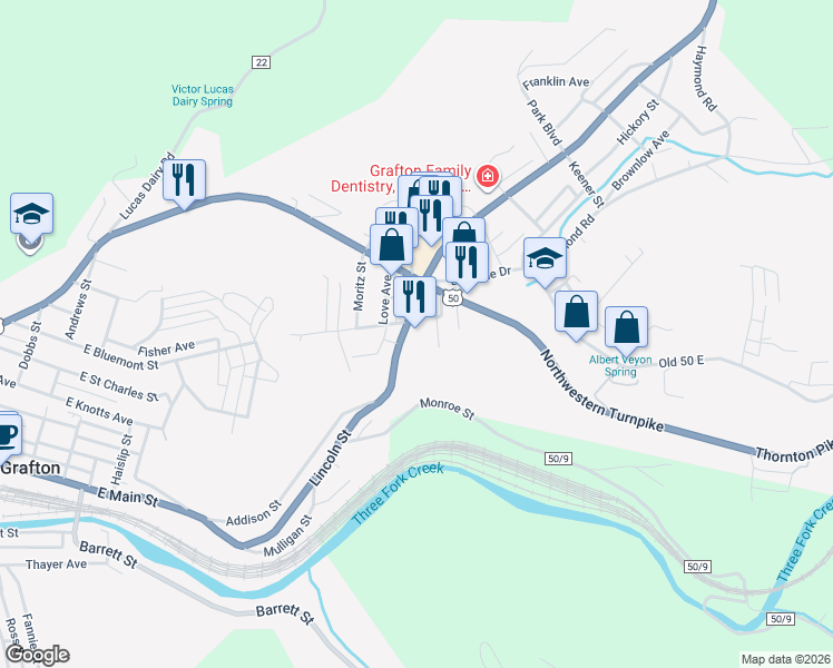 map of restaurants, bars, coffee shops, grocery stores, and more near 214 Lincoln St in Grafton