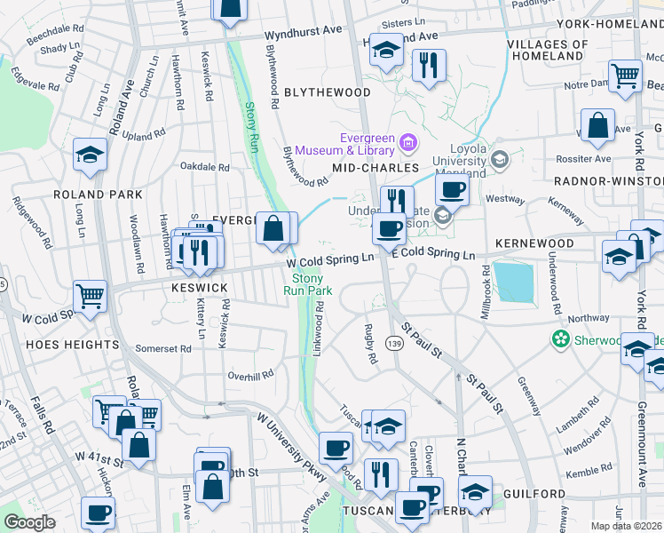 map of restaurants, bars, coffee shops, grocery stores, and more near 19 West Cold Spring Lane in Baltimore