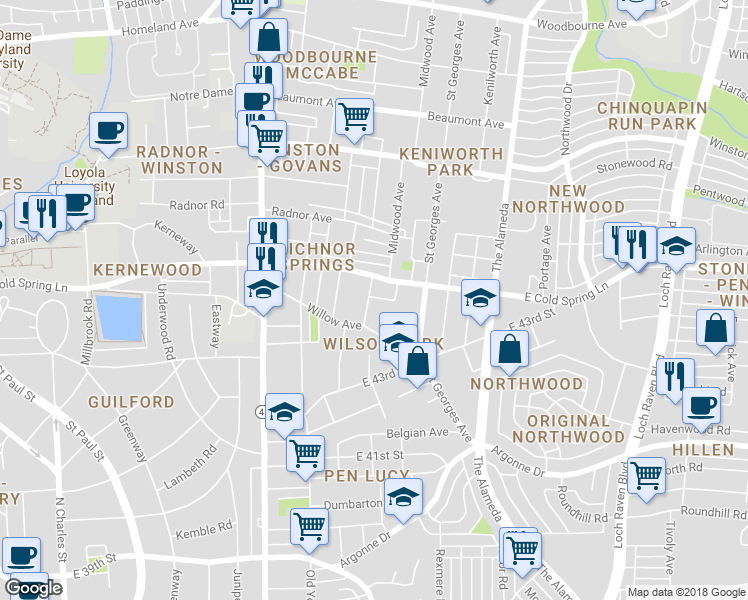 map of restaurants, bars, coffee shops, grocery stores, and more near 4741 Ivanhoe Avenue in Baltimore