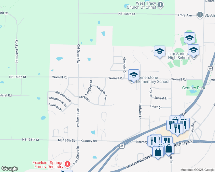 map of restaurants, bars, coffee shops, grocery stores, and more near 415 Leslie Ln in Excelsior Springs