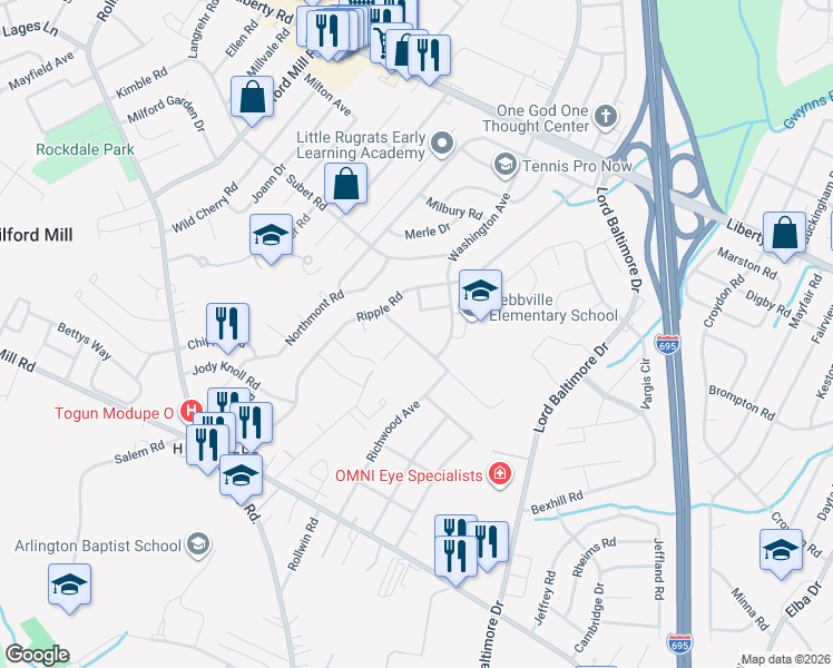 map of restaurants, bars, coffee shops, grocery stores, and more near 7404 Castlemoor Road in Baltimore