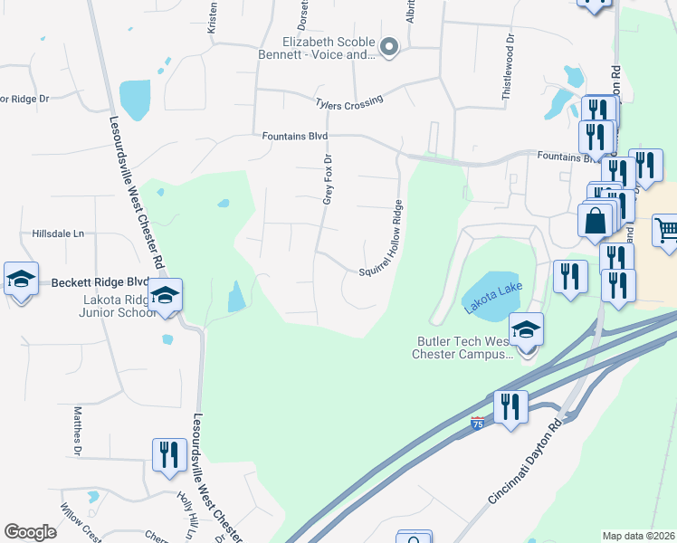 map of restaurants, bars, coffee shops, grocery stores, and more near 8325 Todd Creek Circle in Butler County