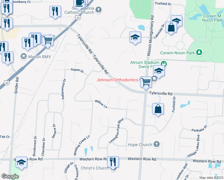 map of restaurants, bars, coffee shops, grocery stores, and more near 6513 Winners Circle in Mason