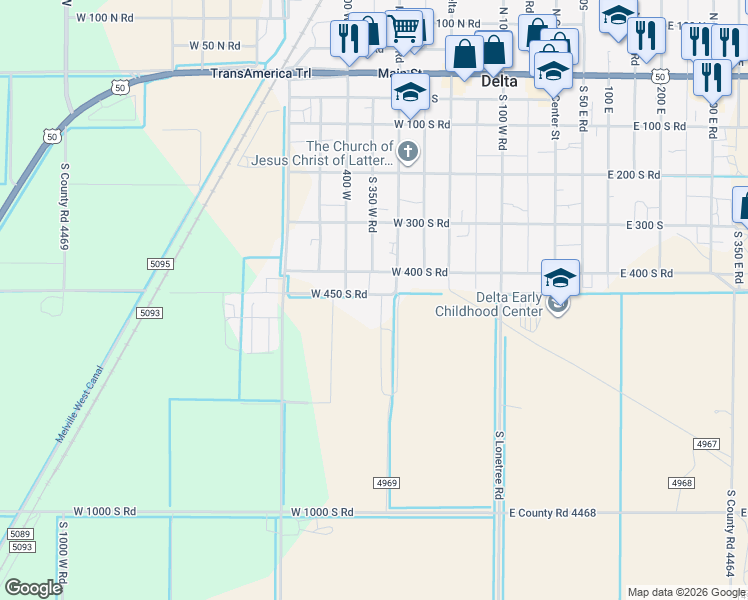 map of restaurants, bars, coffee shops, grocery stores, and more near 456 South 320 West in Delta