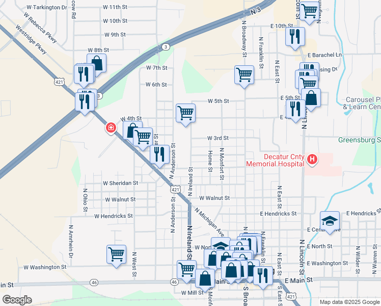 map of restaurants, bars, coffee shops, grocery stores, and more near 915 North Ireland Street in Greensburg