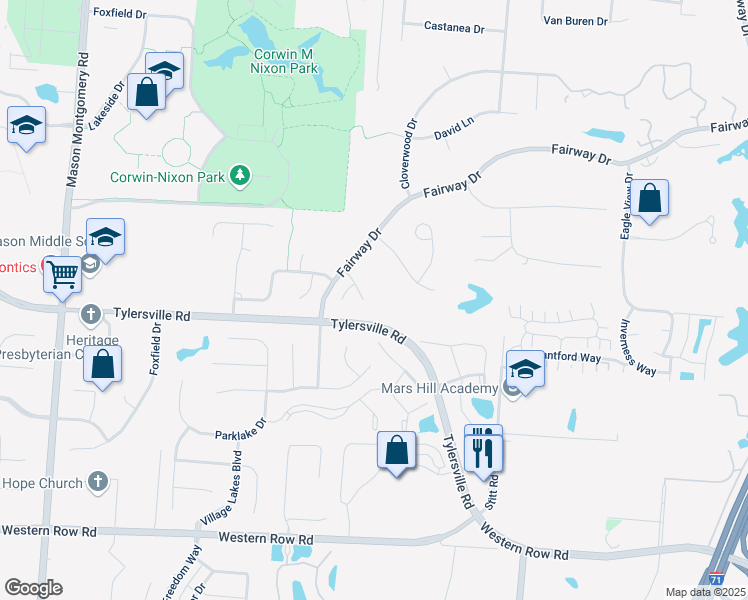 map of restaurants, bars, coffee shops, grocery stores, and more near 6468 Turnberry Court in Mason