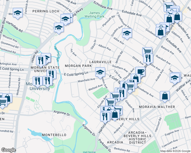 map of restaurants, bars, coffee shops, grocery stores, and more near 4520 Mainfield Avenue in Baltimore