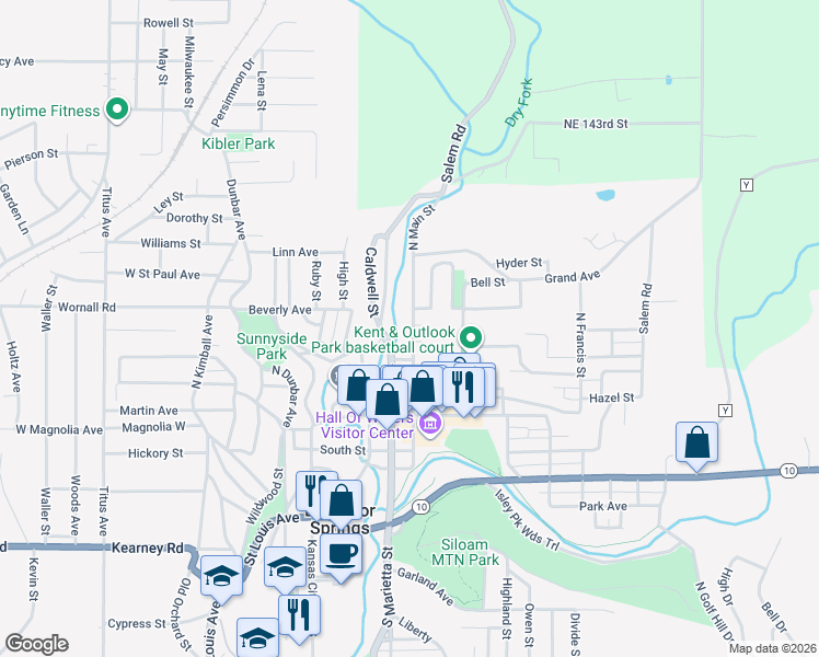 map of restaurants, bars, coffee shops, grocery stores, and more near 408 North Main Street in Excelsior Springs