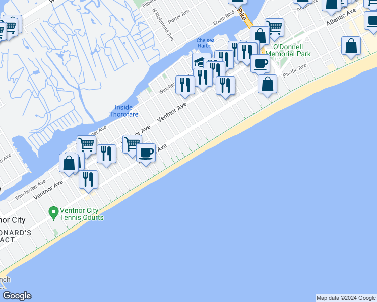 map of restaurants, bars, coffee shops, grocery stores, and more near 4501 Boardwalk in Atlantic City