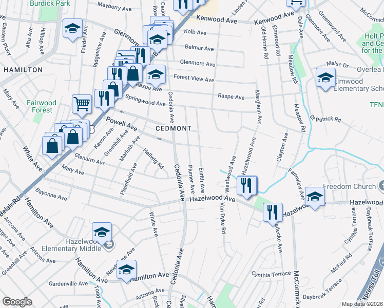 map of restaurants, bars, coffee shops, grocery stores, and more near 5925 Plumer Avenue in Baltimore