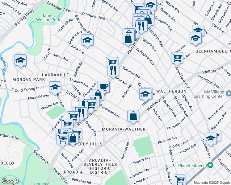 map of restaurants, bars, coffee shops, grocery stores, and more near 4813 Richard Avenue in Baltimore