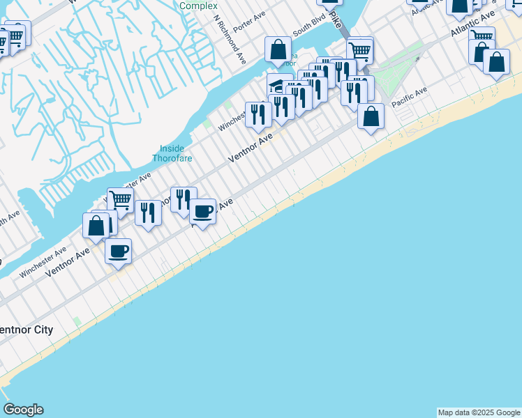 map of restaurants, bars, coffee shops, grocery stores, and more near 137 South Kingston Avenue in Atlantic City