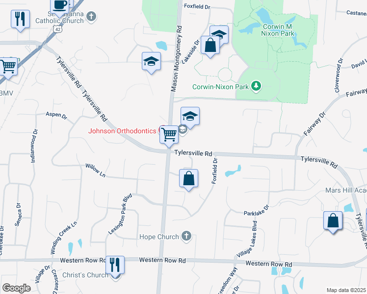 map of restaurants, bars, coffee shops, grocery stores, and more near 12 Tylersville Road in Mason