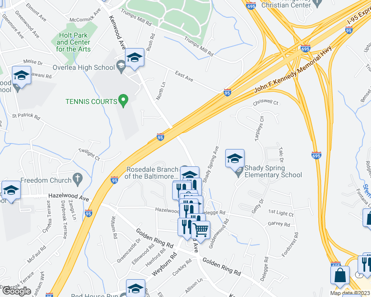 map of restaurants, bars, coffee shops, grocery stores, and more near in Rosedale