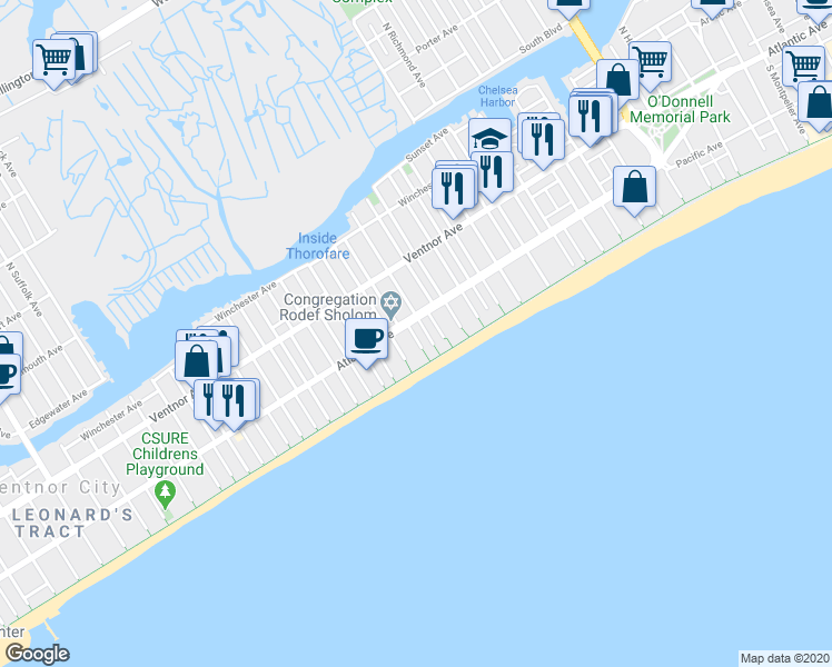 map of restaurants, bars, coffee shops, grocery stores, and more near 100 South Plaza Place in Atlantic City