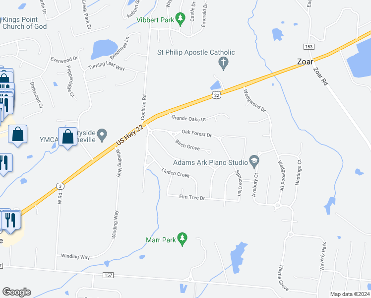 map of restaurants, bars, coffee shops, grocery stores, and more near 807 Birch Grove in Morrow