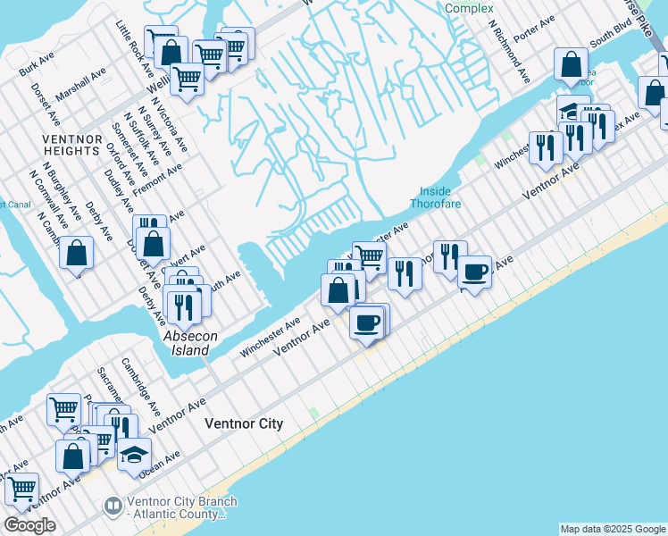 map of restaurants, bars, coffee shops, grocery stores, and more near 5207 Winchester Avenue in Ventnor City