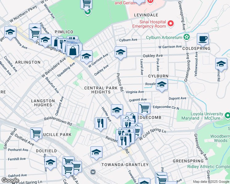 map of restaurants, bars, coffee shops, grocery stores, and more near 3130 Virginia Avenue in Baltimore