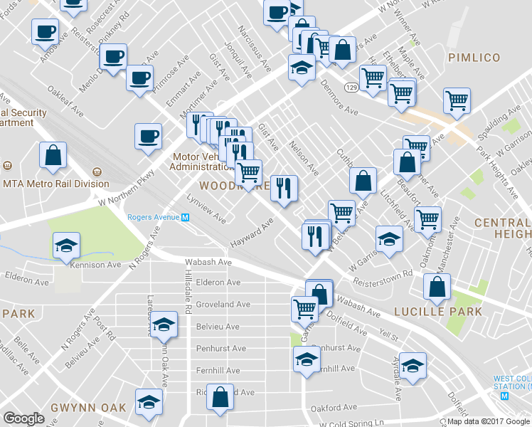 map of restaurants, bars, coffee shops, grocery stores, and more near 5302 Reisterstown Rd in Baltimore
