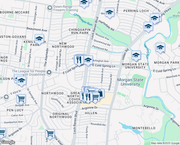 map of restaurants, bars, coffee shops, grocery stores, and more near 1501 Northgate Road in Baltimore