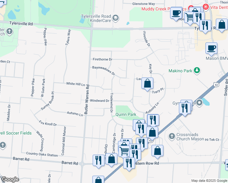 map of restaurants, bars, coffee shops, grocery stores, and more near 1350 Jennings Court in Mason