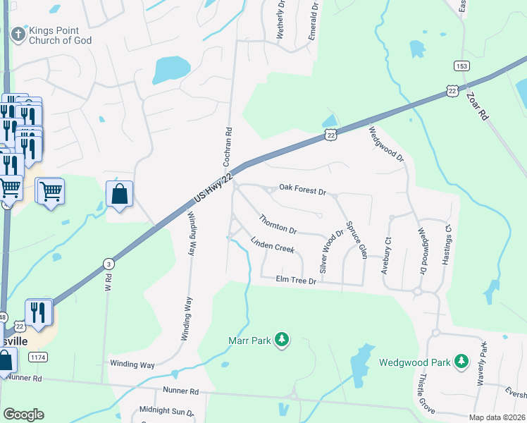 map of restaurants, bars, coffee shops, grocery stores, and more near 689 Thornton Drive in Morrow