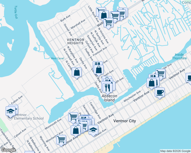 map of restaurants, bars, coffee shops, grocery stores, and more near 306 North Dorset Avenue in Ventnor City