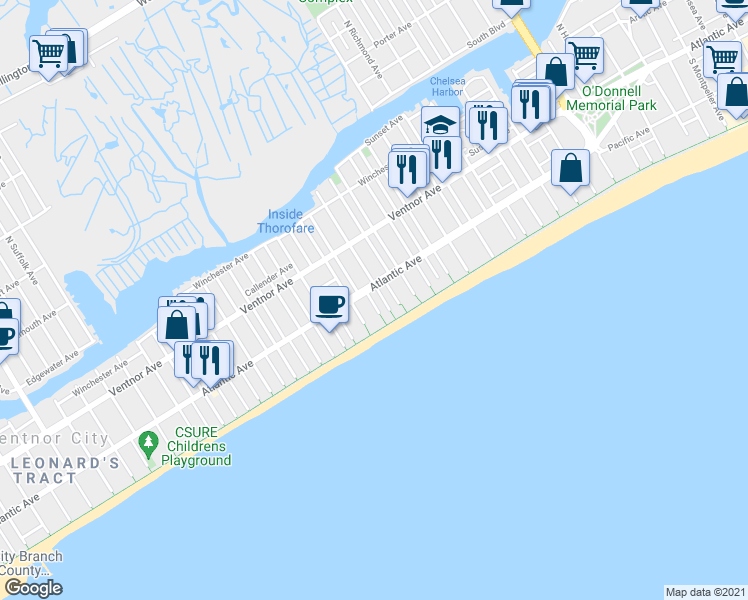 map of restaurants, bars, coffee shops, grocery stores, and more near 100 South Plaza Place in Atlantic City