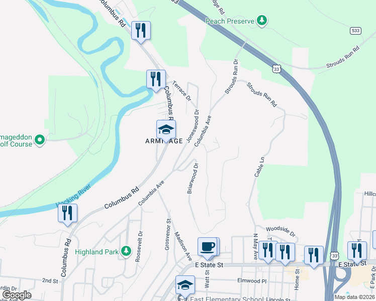 map of restaurants, bars, coffee shops, grocery stores, and more near 142 Columbia Avenue in Athens
