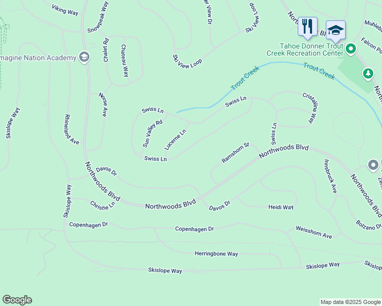 map of restaurants, bars, coffee shops, grocery stores, and more near 14896 Swiss Lane in Truckee