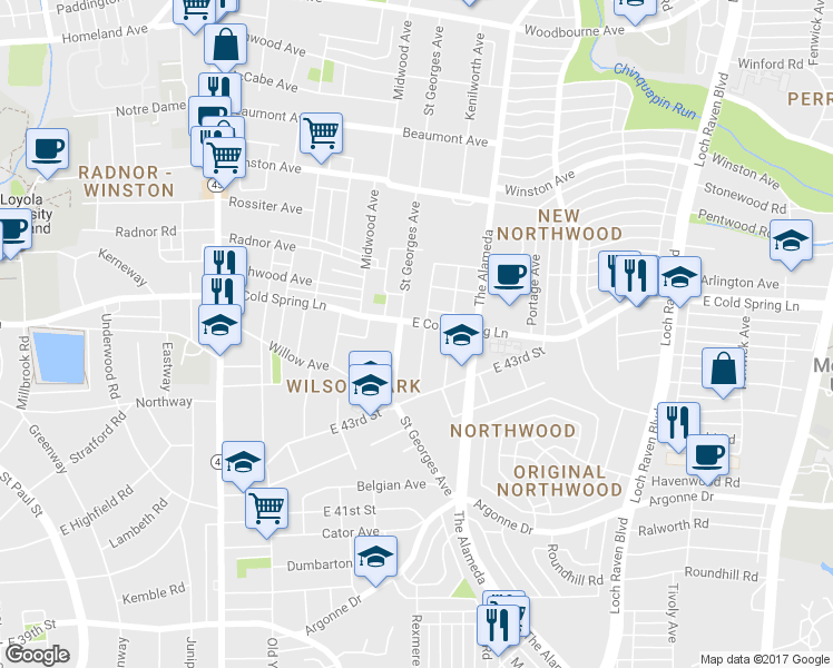 map of restaurants, bars, coffee shops, grocery stores, and more near 4430 Craddock Avenue in Baltimore