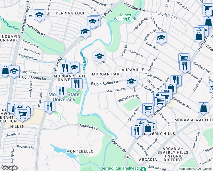 map of restaurants, bars, coffee shops, grocery stores, and more near 2201 East Cold Spring Lane in Baltimore