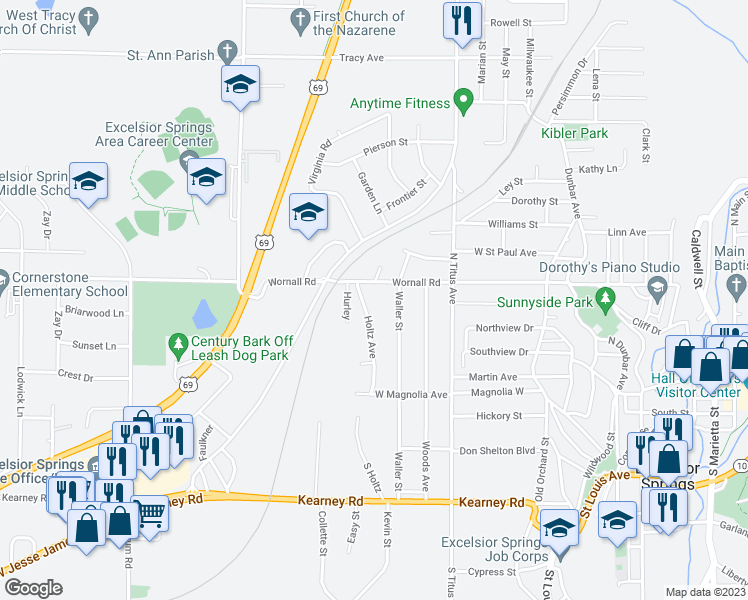 map of restaurants, bars, coffee shops, grocery stores, and more near 413 Holtz Avenue in Excelsior Springs