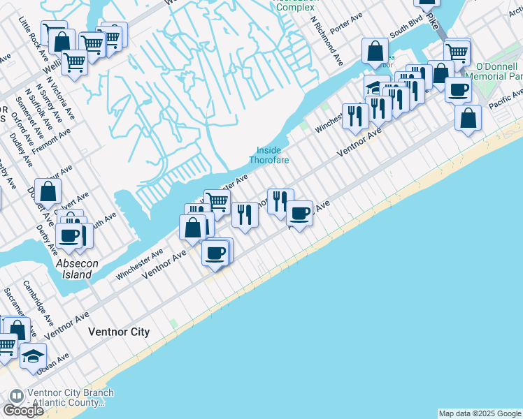 map of restaurants, bars, coffee shops, grocery stores, and more near 4 South Baton Rouge Avenue in Ventnor City