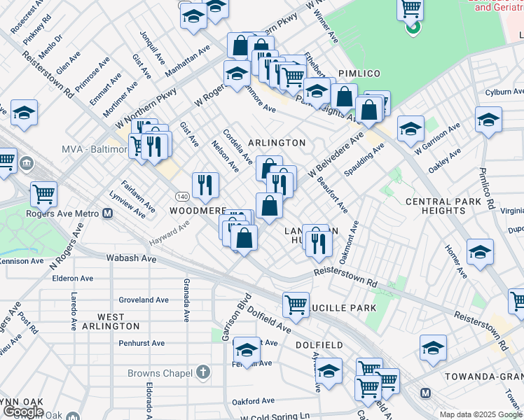 map of restaurants, bars, coffee shops, grocery stores, and more near 3800 West Belvedere Avenue in Baltimore