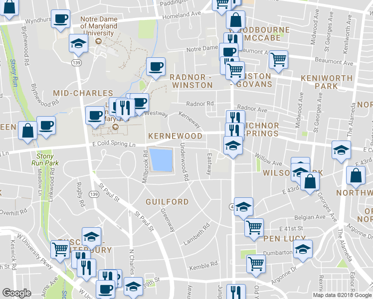 map of restaurants, bars, coffee shops, grocery stores, and more near 4419 Underwood Road in Baltimore