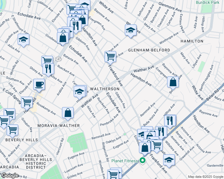 map of restaurants, bars, coffee shops, grocery stores, and more near 3603 Gibbons Avenue in Baltimore