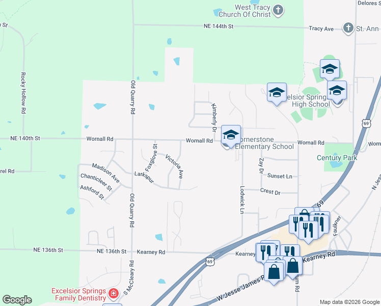 map of restaurants, bars, coffee shops, grocery stores, and more near 415 Leslie Lane in Excelsior Springs