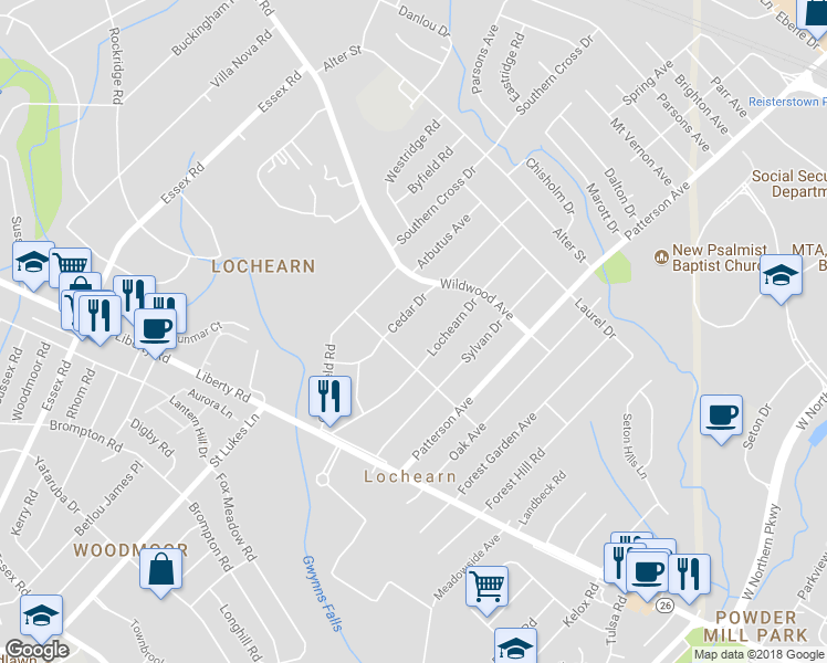 map of restaurants, bars, coffee shops, grocery stores, and more near 3709 Cedar Drive in Baltimore