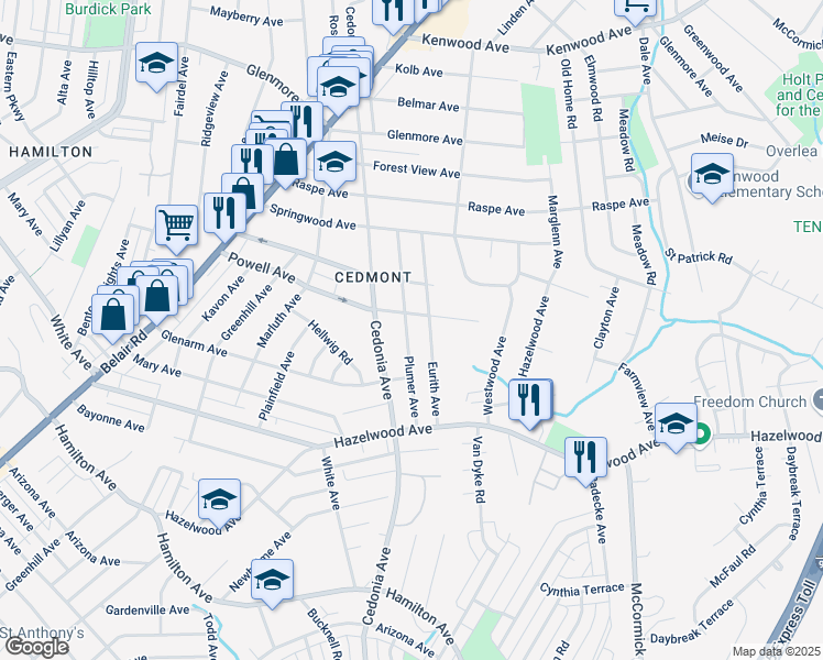 map of restaurants, bars, coffee shops, grocery stores, and more near 5927 Plumer Avenue in Baltimore