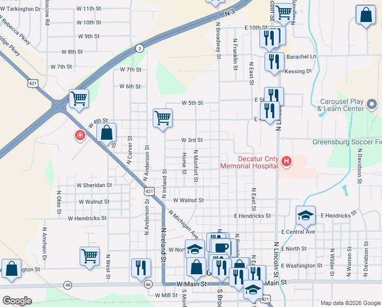 map of restaurants, bars, coffee shops, grocery stores, and more near 204 West 2nd Street in Greensburg
